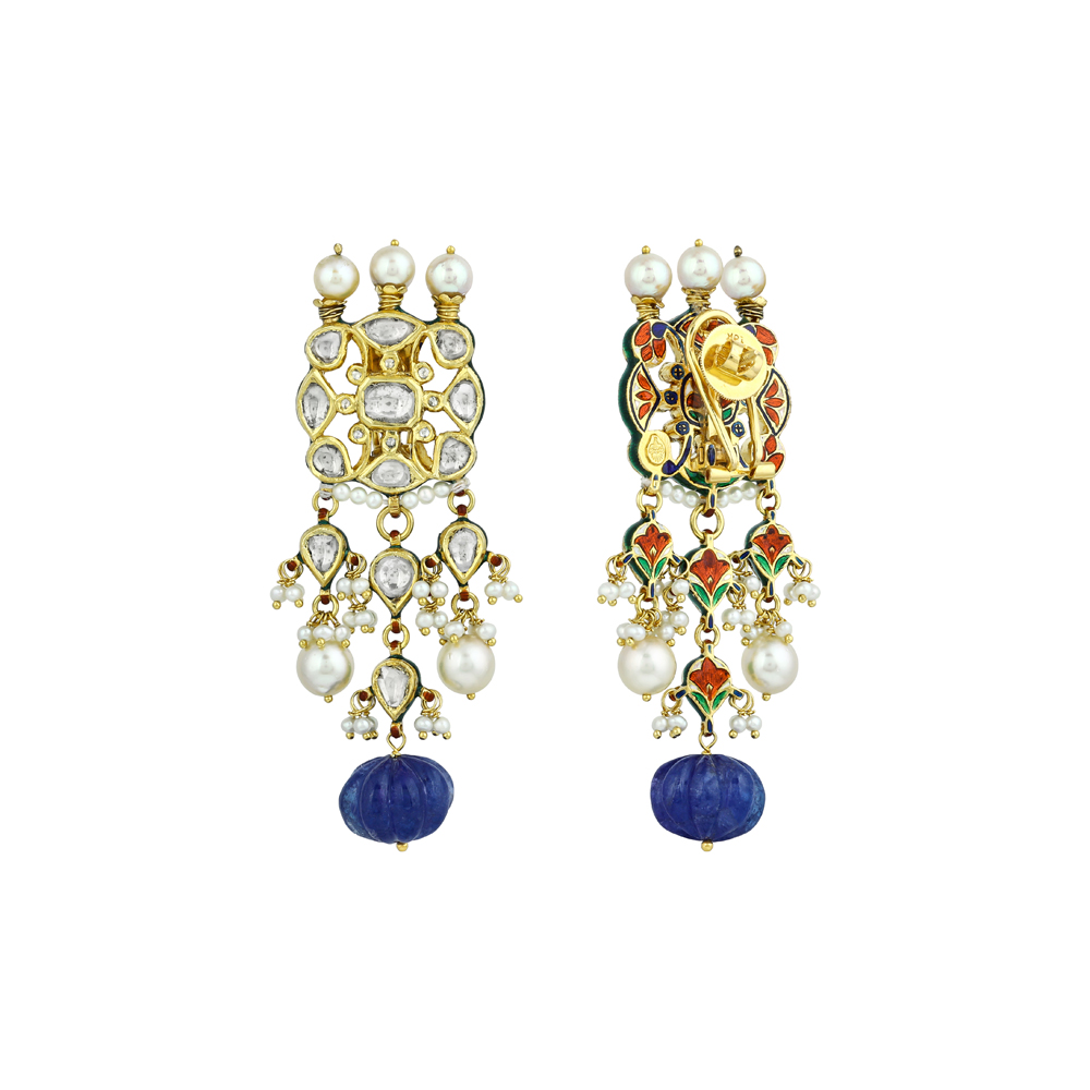 Polki Earring with Carved Blue Bead and Pearl Drops